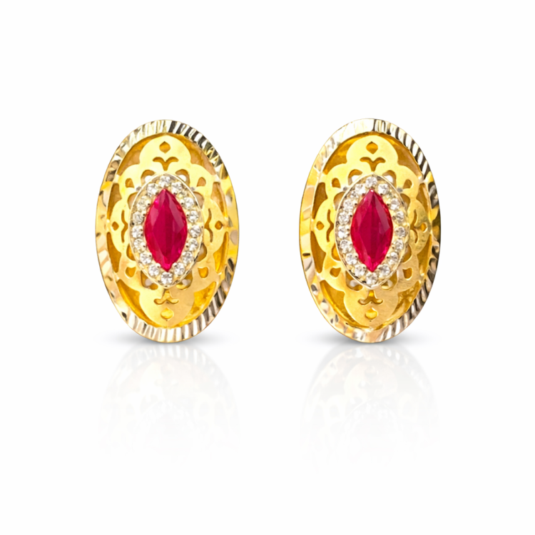 Crimson Royale Marquise Halo Gold Stud Earrings