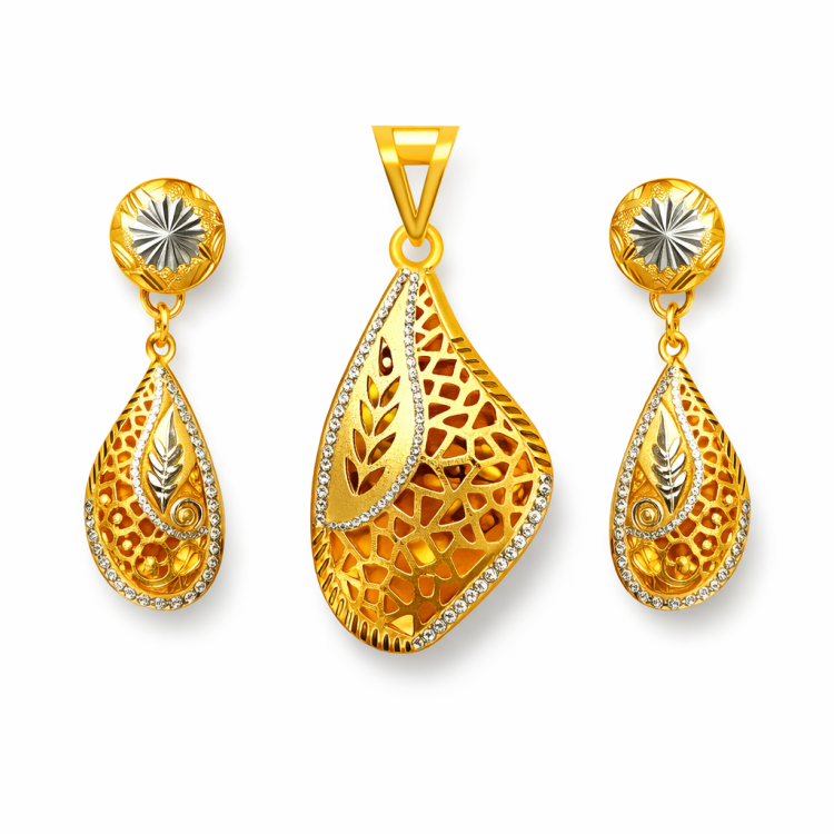 Leaf Filigree Teardrop Gold Pendant Set