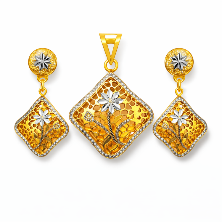 Floral Diamond Cut Gold Pendant Set