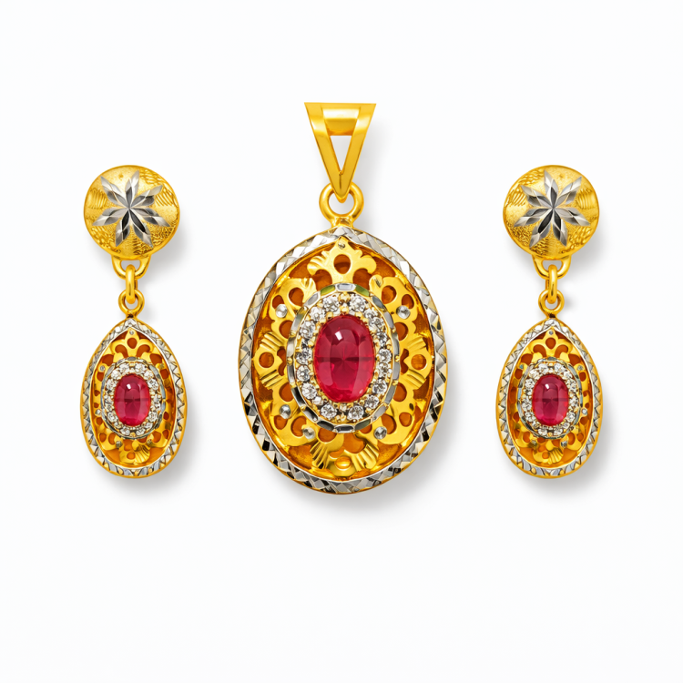 Ruby Oval Gold Pendant Set