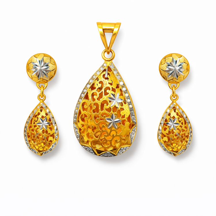Floral Filigree Teardrop Gold Pendant Set
