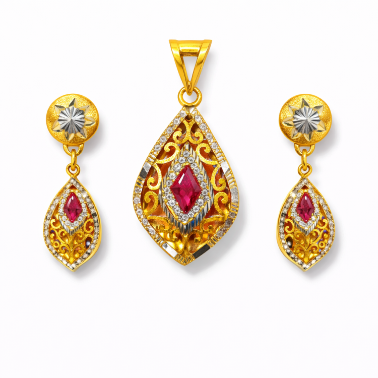 Ruby Teardrop Filigree Gold Pendant Set
