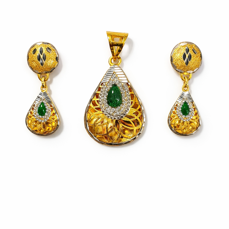 Emerald Teardrop Floral Gold Pendant Set