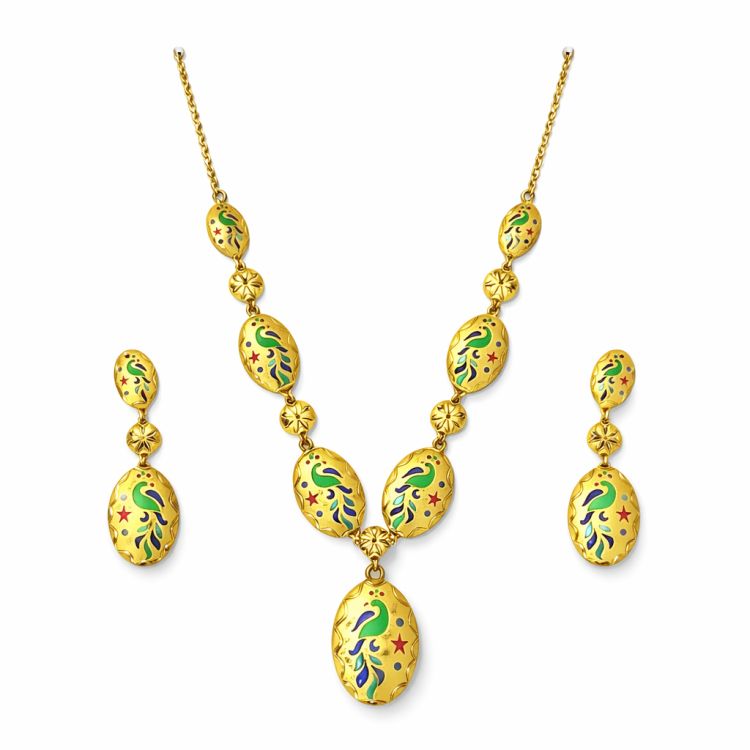 Peacock Enamel Gold Necklace Set