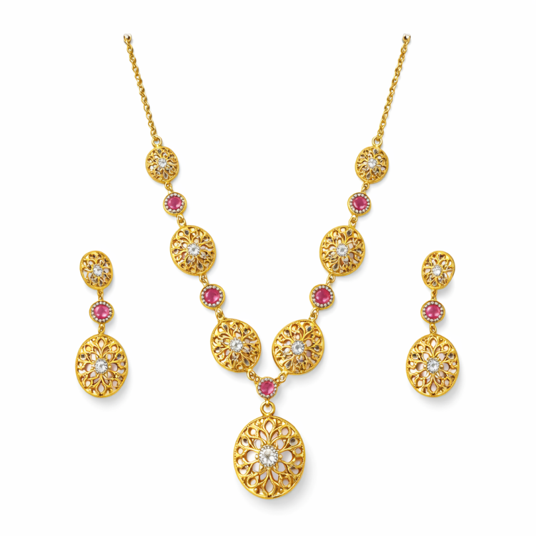 Ruby Floral Gold Necklace Set