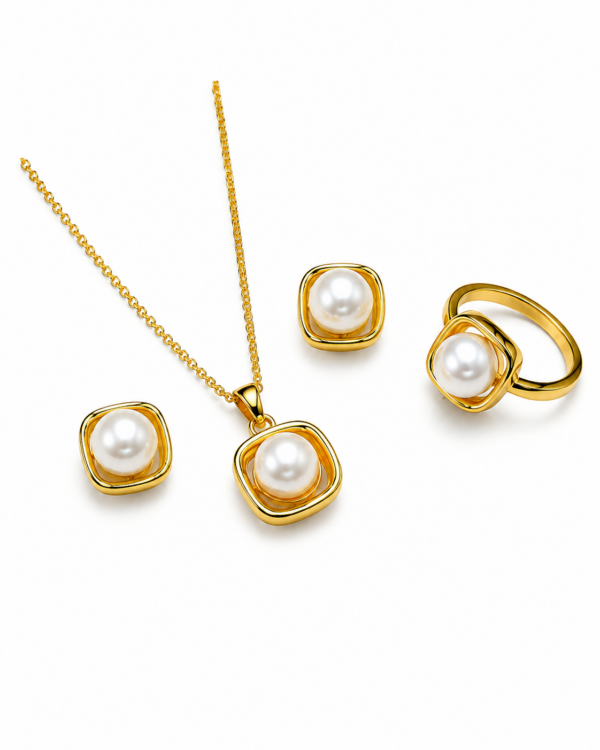 Elegant Pearl Gold Pendant Set with Matching Stud Earrings & Ring