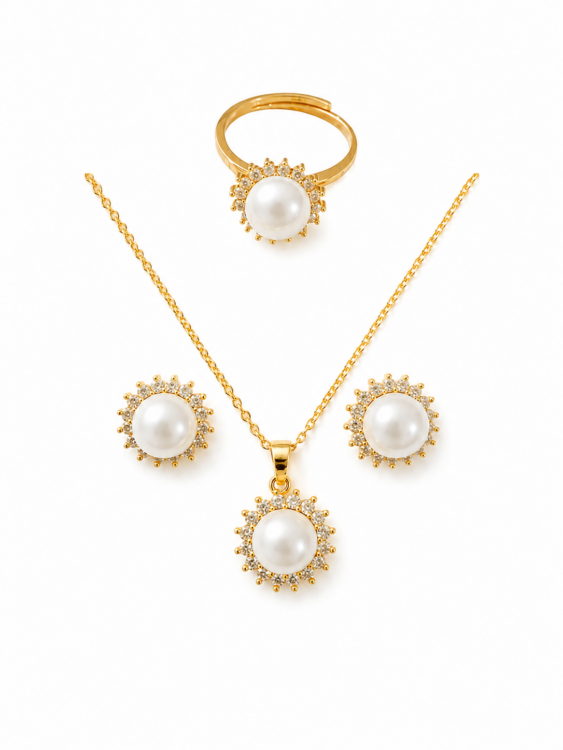 Elegant Pearl Halo Jewellery Set in Gold Finish – Ring, Pendant Necklace & Stud Earrings