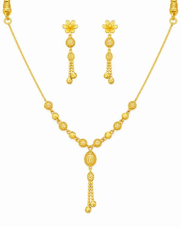 Gold Filigree Floral Necklace Set with Matching Drop Earrings