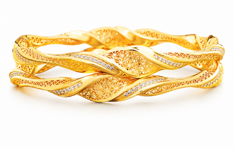 Celestial Wave Diamond-Cut Gold Bangles for Women (Pair)