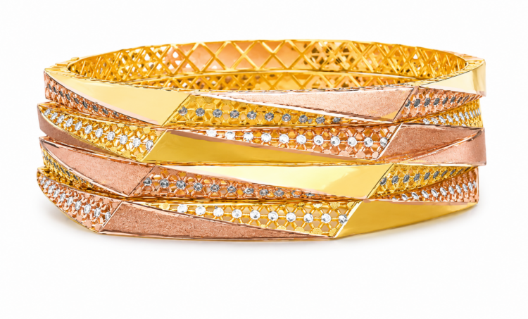 Royale Tri-Tone Geometric Gold Bangles for Women (Pair)