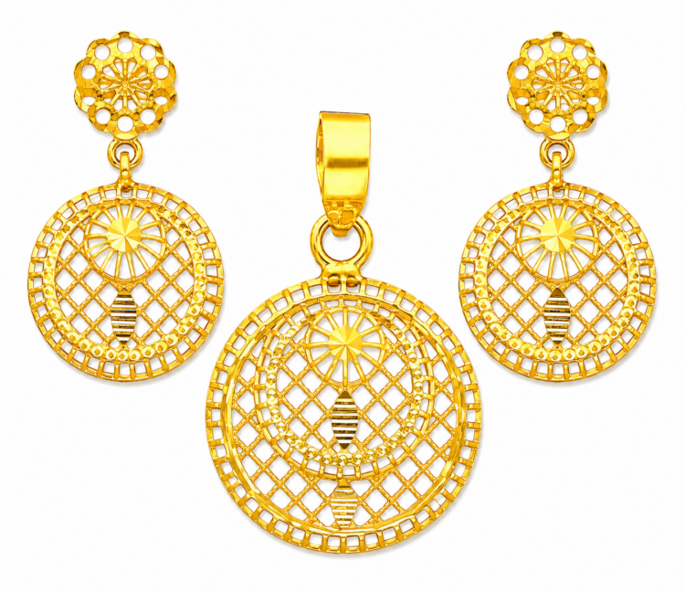 Celestial Filigree Round Gold Pendant Set with Matching Drop Earrings