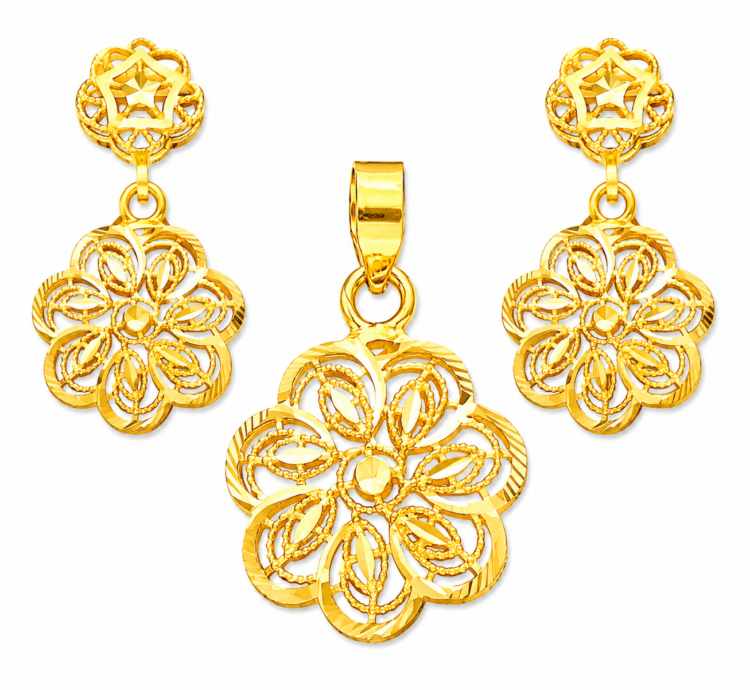 Bloom Petal Floral Gold Pendant Set with Matching Drop Earrings