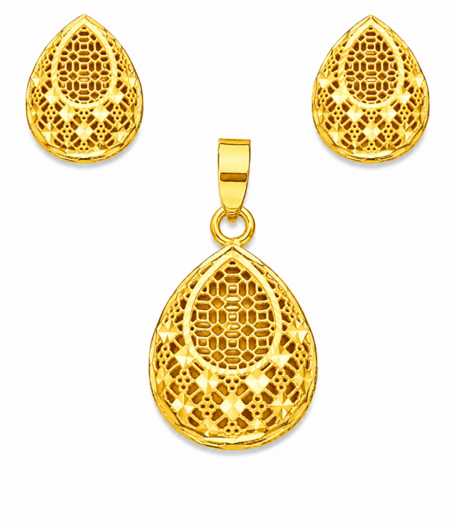 Honeycomb Teardrop Gold Pendant Set with Matching Stud Earrings