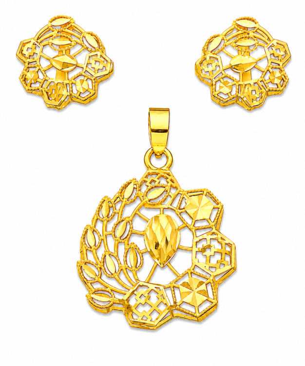 Royal Mosaic Floral Gold Pendant Set with Matching Stud Earrings