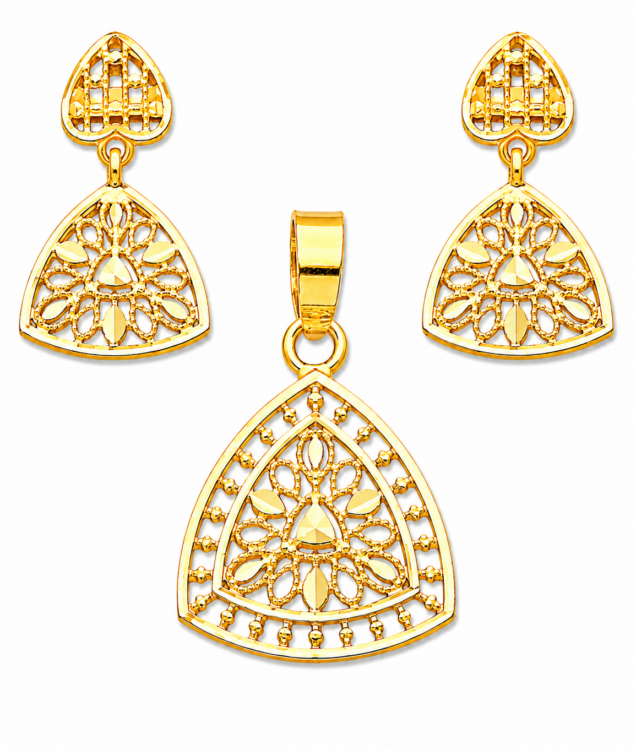 Regal Filigree Triangle Gold Pendant Set with Matching Drop Earrings
