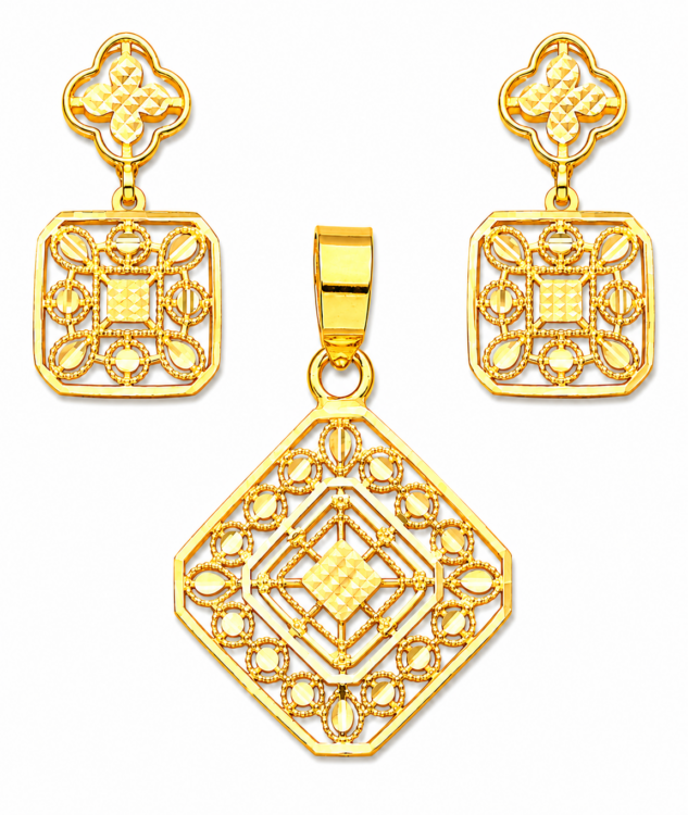 Royal Geometric Filigree Gold Pendant Set with Matching Drop Earrings
