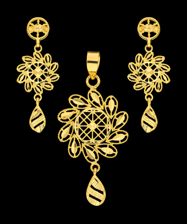 Radiant Blossom Gold Pendant Set with Matching Drop Earrings