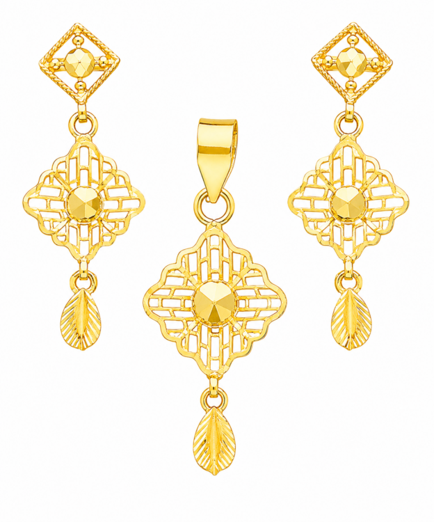 Regal Lattice Floral Gold Pendant Set with Matching Drop Earrings