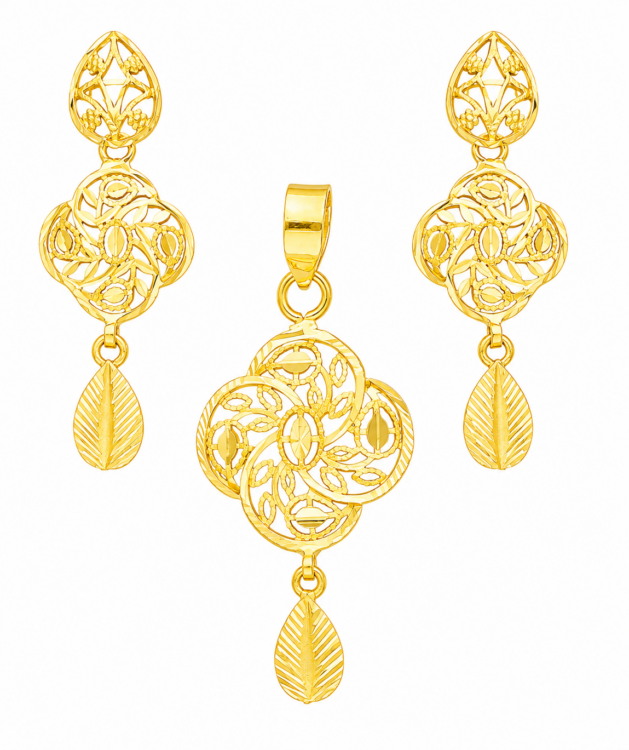 Floral Vine Clover Gold Pendant Set with Matching Drop Earrings