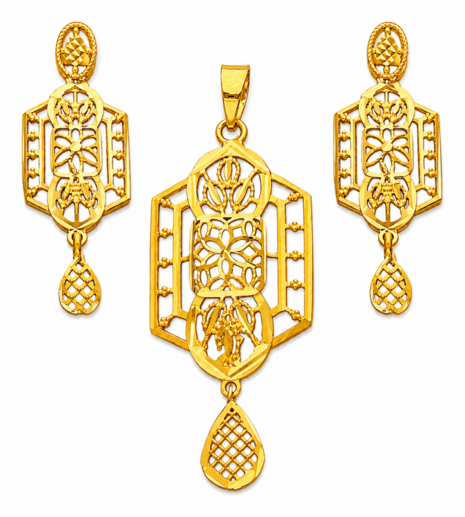 Floral Filigree Gold Pendant Set with Matching Drop Earrings