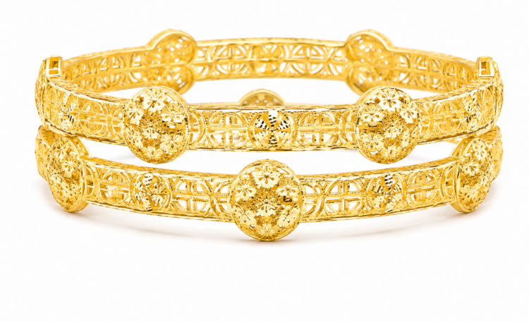Royal Blossom Medallion Gold Bangle for Women (Pair)