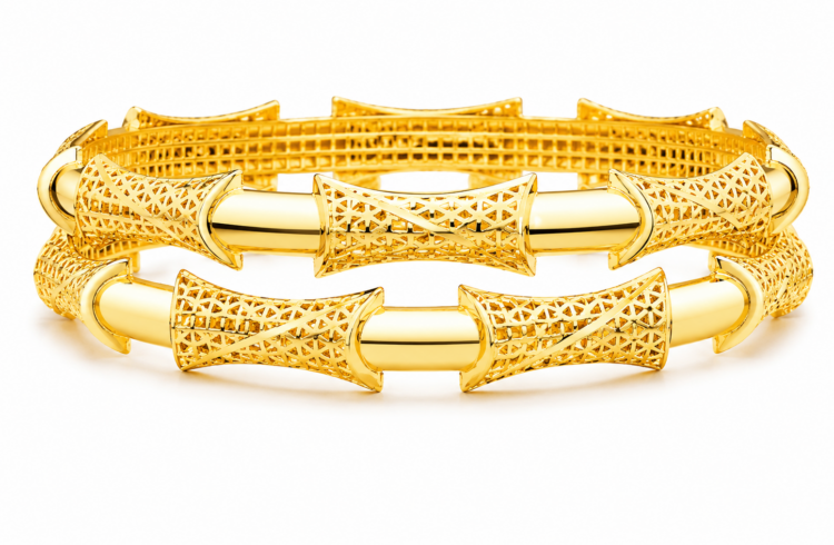Contemporary Designer Openwork Gold Bangle for Women (Pair)