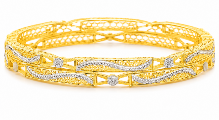 Dual-Tone Wave Filigree Gold Bangle for Women (Pair)