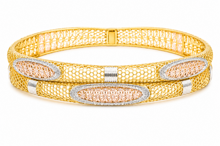 Premium Rose, White & Yellow Gold Designer Bangle for Women (Pair)
