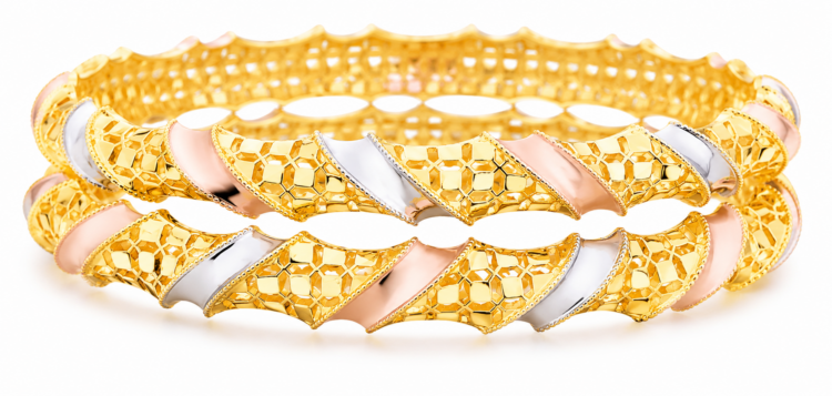 Tri-Tone Regal Mosaic Gold Designer Bangle for Women (Pair)