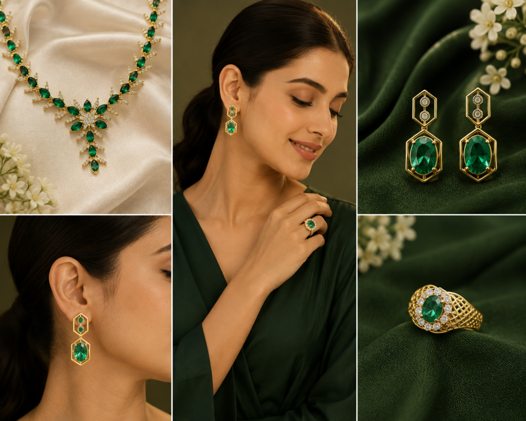 Elegant emerald and diamond jewellery set featuring a floral necklace, geometric drop earrings, and an emerald diamond ring styled on a modern woman for Hariyali Teej by Tritiya Gold & Diamonds.
