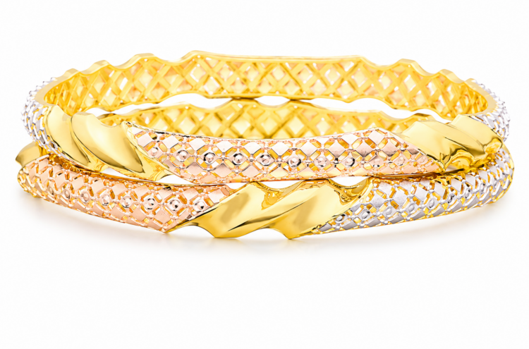 Tri-Tone Twisted Infinity Gold Designer Bangle for Women (Pair)