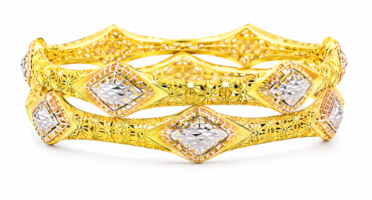 Royal Diamond Motif Tri-Tone Gold Bangle for Women (Pair)