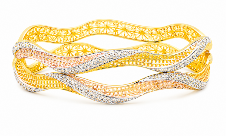 Dual Tone Wave Filigree Designer Gold Bangles for Women (Pair)