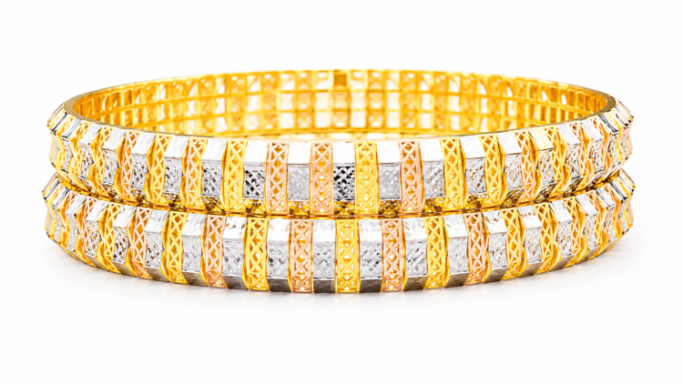 Dual Tone Geometric Diamond-Cut Gold Bangles for Women (Pair)