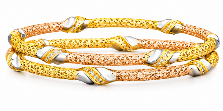 Tri-Colour Twisted Designer Gold Bangles for Women (Pair)