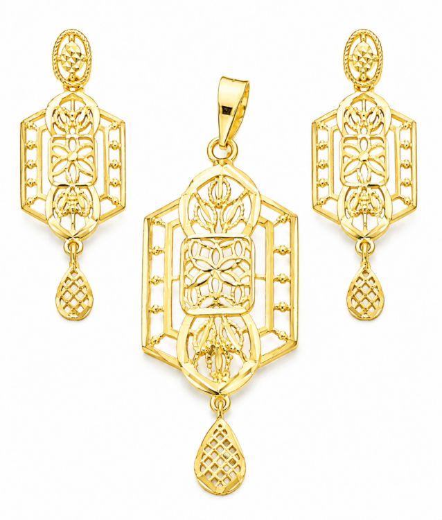 Floral Filigree Gold Pendant Set with Matching Drop Earrings