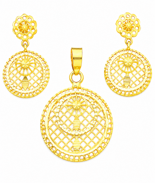 Celestial Filigree Round Gold Pendant Set with Matching Drop Earrings