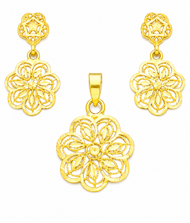Bloom Petal Floral Gold Pendant Set with Matching Drop Earrings