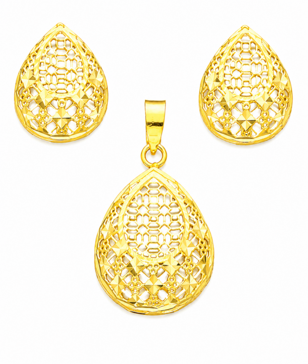 Honeycomb Teardrop Gold Pendant Set with Matching Stud Earrings