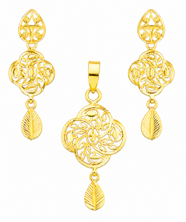Floral Vine Clover Gold Pendant Set with Matching Drop Earrings