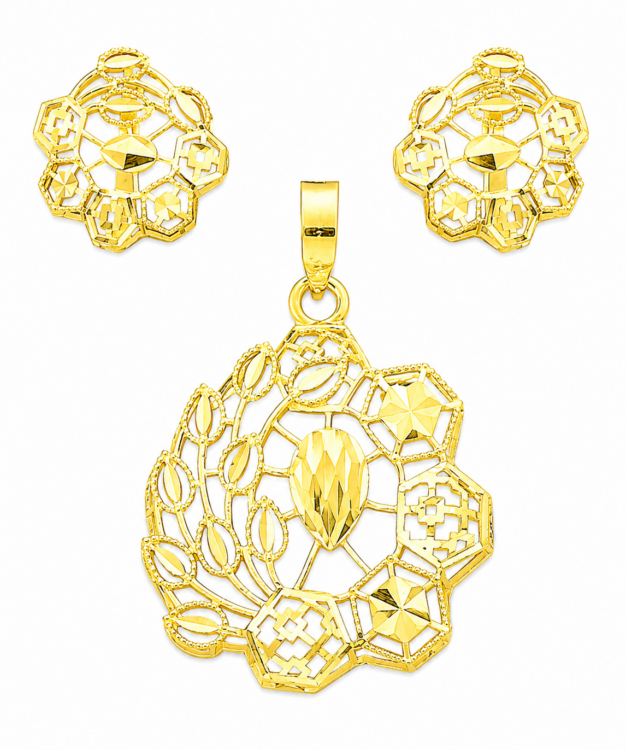 Royal Mosaic Floral Gold Pendant Set with Matching Stud Earrings