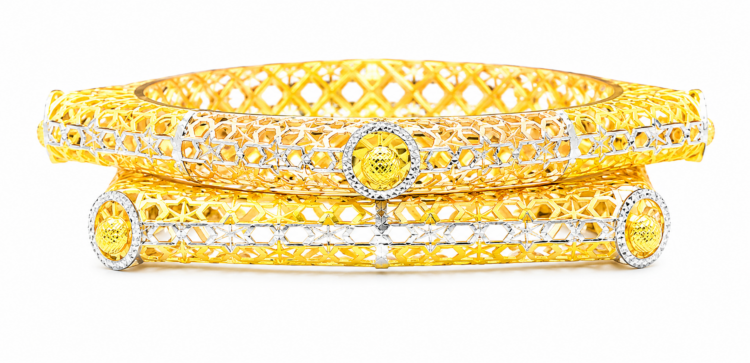 Dual Tone Geometric Cutwork Designer Gold Bangles for Women (Pair)