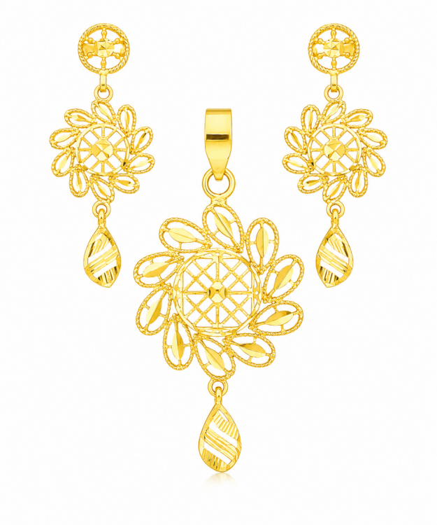 Radiant Blossom Gold Pendant Set with Matching Drop Earrings