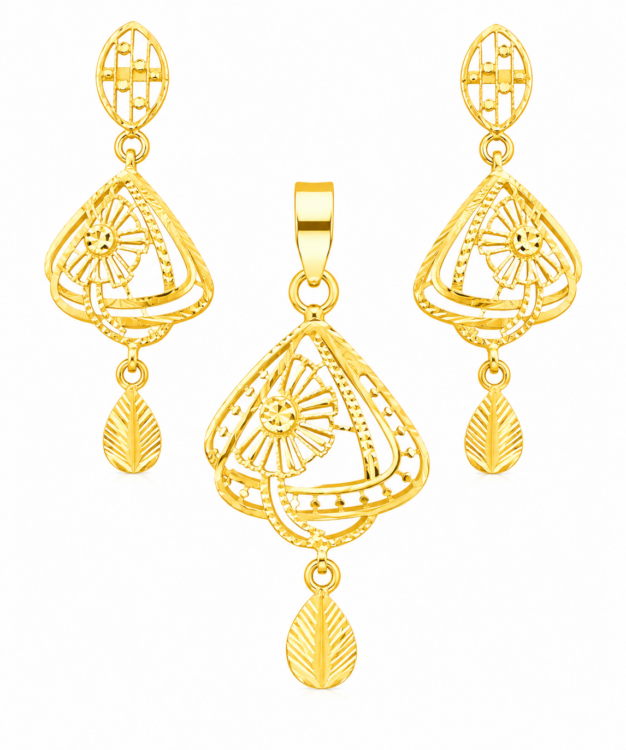 Royale Bloom Geometric Gold Pendant Set with Matching Drop Earrings