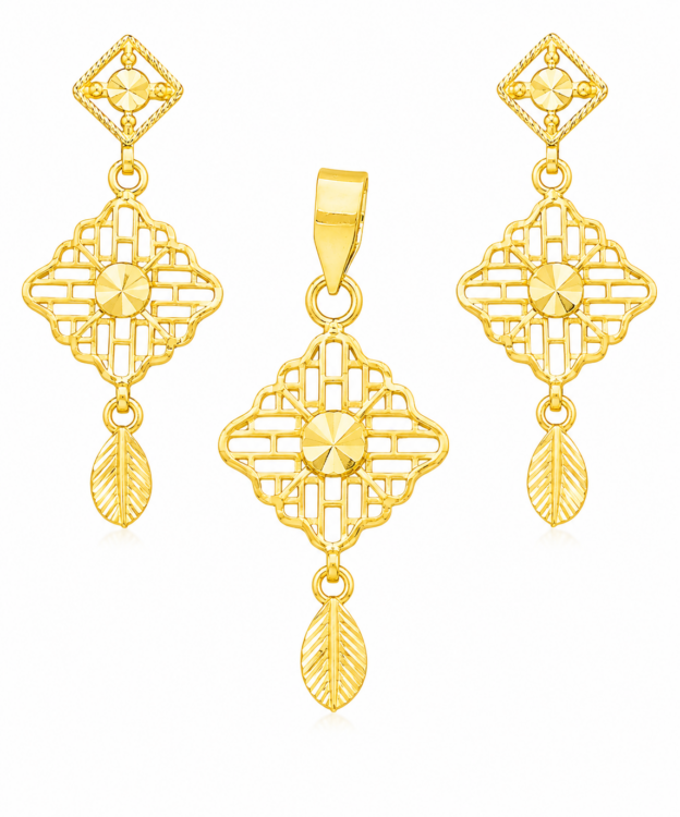 Regal Lattice Floral Gold Pendant Set with Matching Drop Earrings