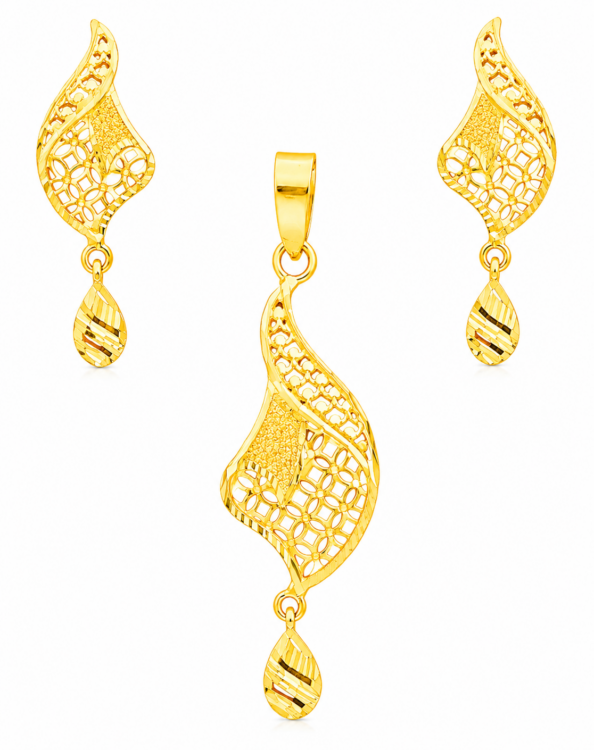Elegant Gold Filigree Pendant Set with Matching Drop Earrings