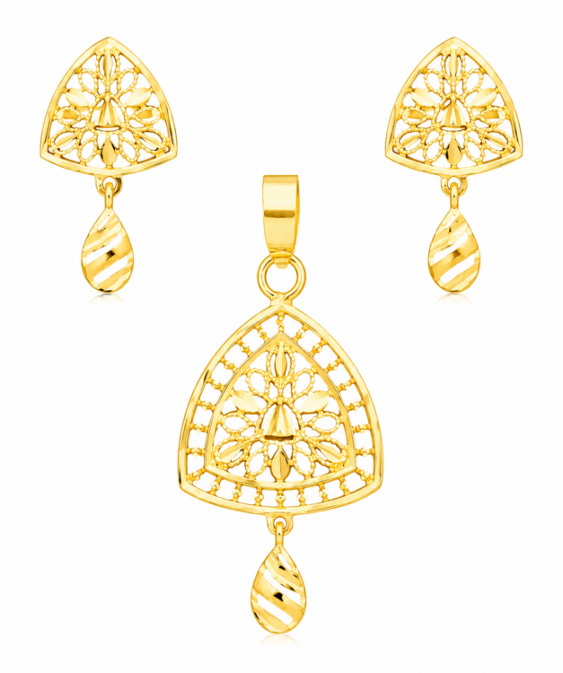 Regal Triangle Floral Gold Pendant Set with Designer Drop Earrings for Women