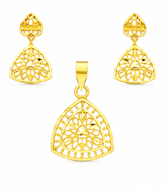 Regal Filigree Triangle Gold Pendant Set with Matching Drop Earrings