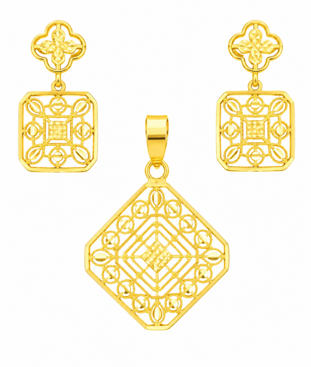 Royal Geometric Filigree Gold Pendant Set with Matching Drop Earrings