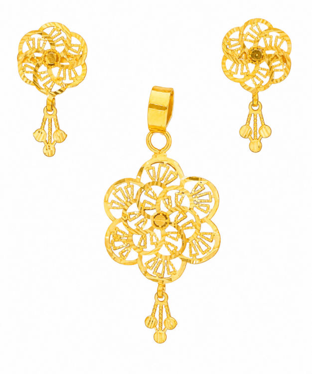 Royal Floral Gold Pendant Set with Matching Drop Earrings for Women